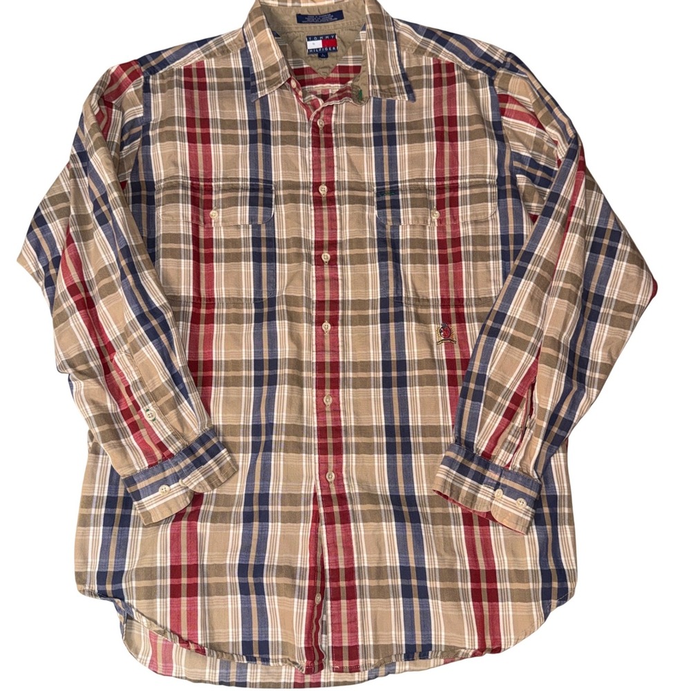 Tommy Hilfiger Men's Plaid Button Up Shirt Long Sleeve Embroidered Logo Sz Large